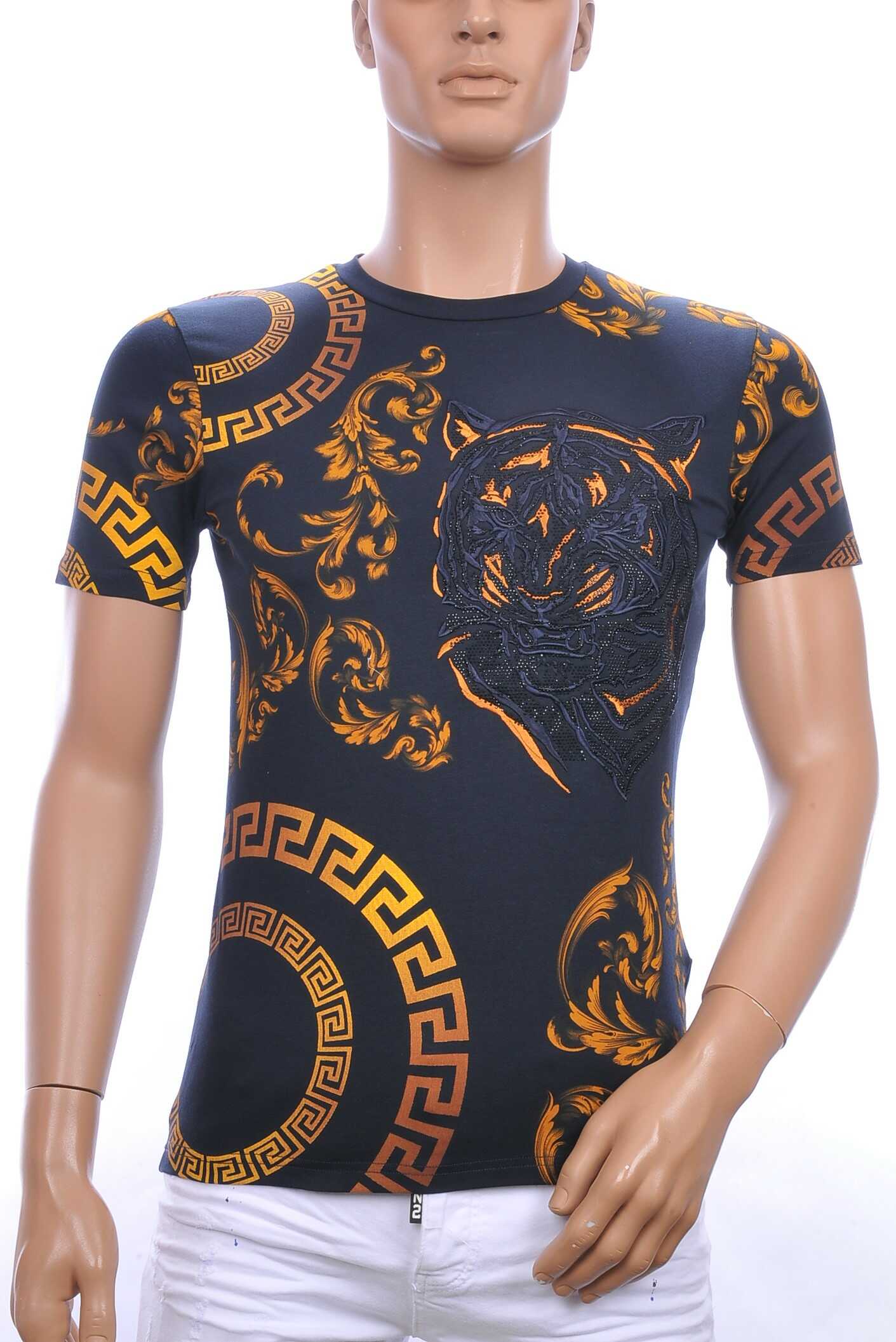 Ci-Borg ronde hals T-shirt met geborduurde tijgerkop met steentjes Navy