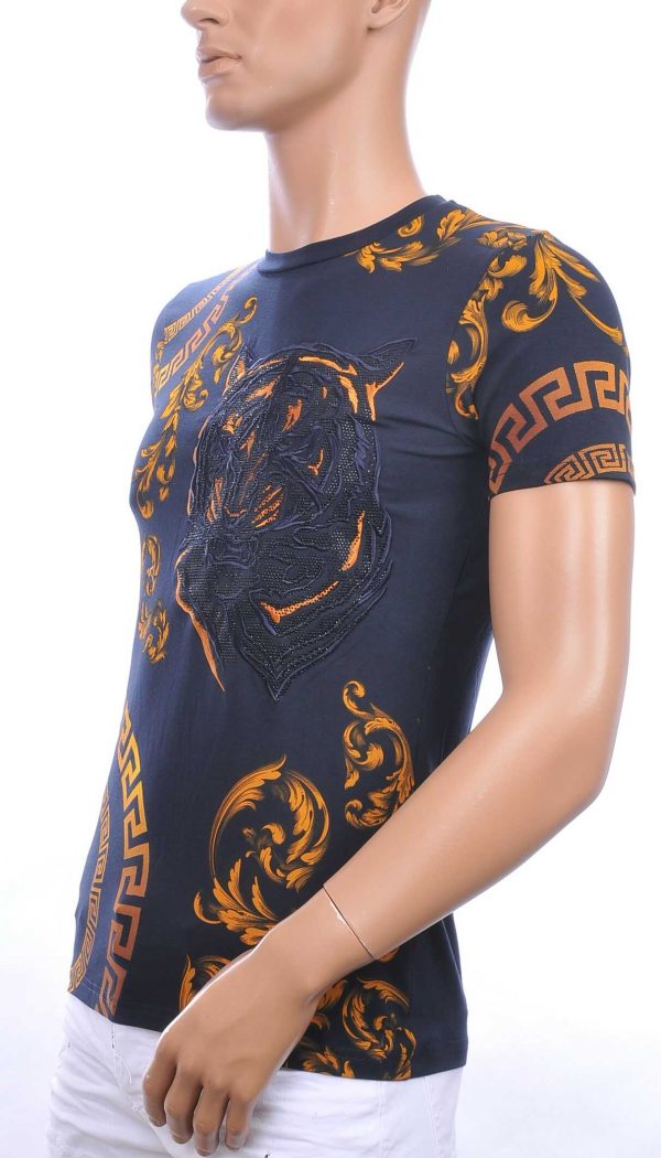 Ci-Borg ronde hals T-shirt met geborduurde tijgerkop met steentjes Navy