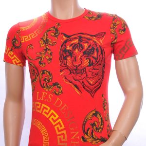 Ci-Borg ronde hals T-shirt met geborduurde tijgerkop met steentjes Rood