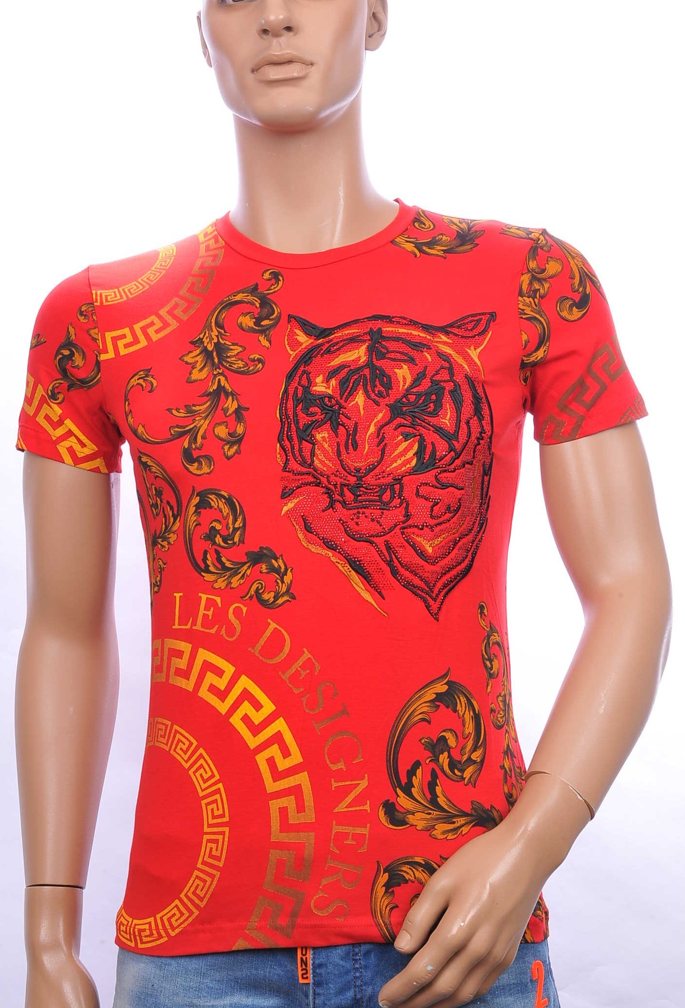 Ci-Borg ronde hals T-shirt met geborduurde tijgerkop met steentjes Rood