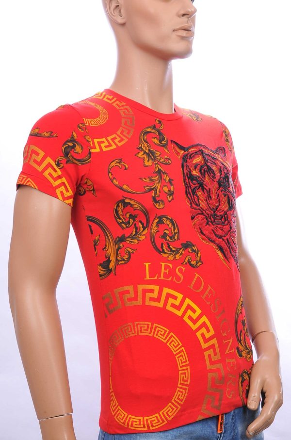 Ci-Borg ronde hals T-shirt met geborduurde tijgerkop met steentjes Rood