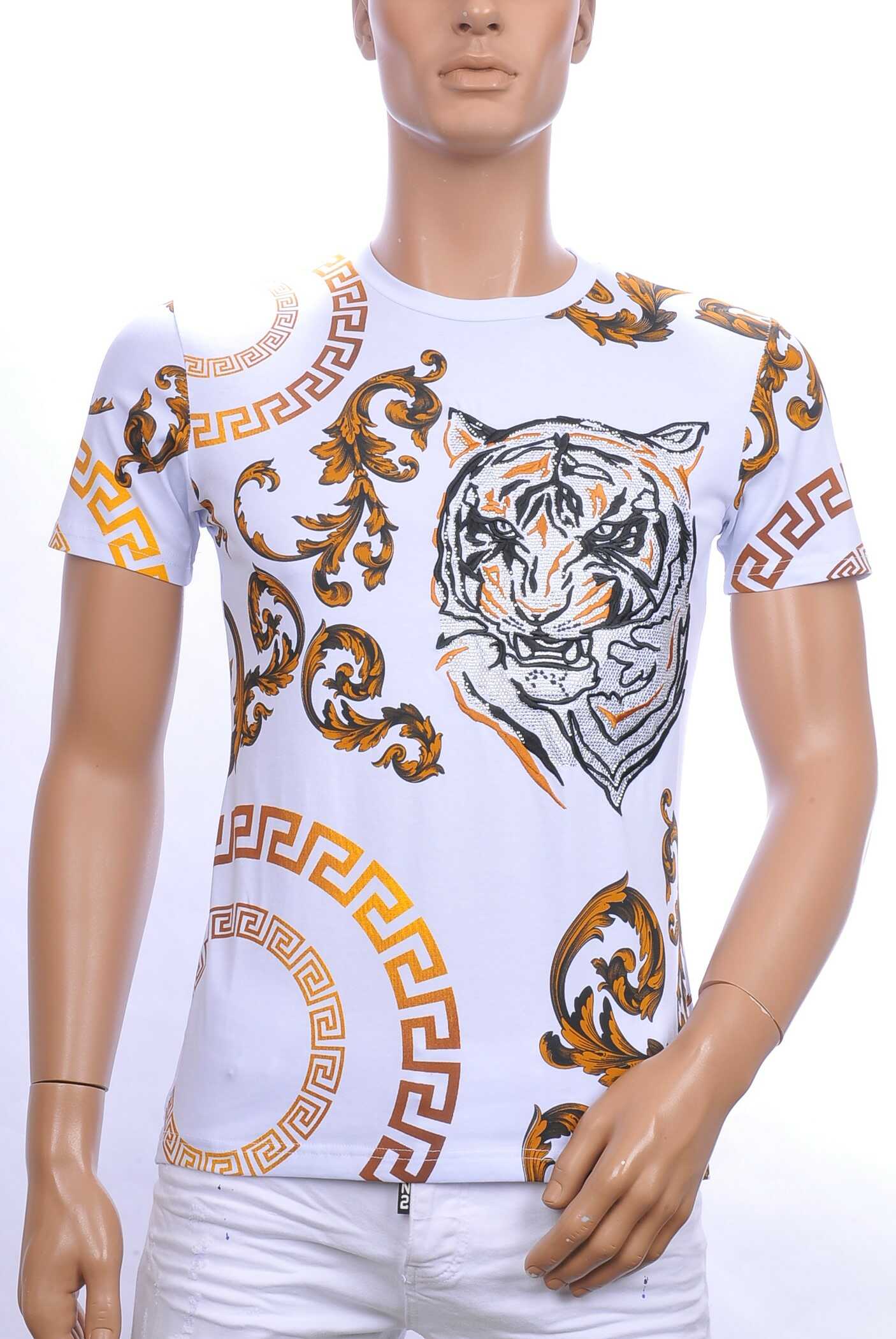 Ci-Borg ronde hals T-shirt met geborduurde tijgerkop met steentjes Wit