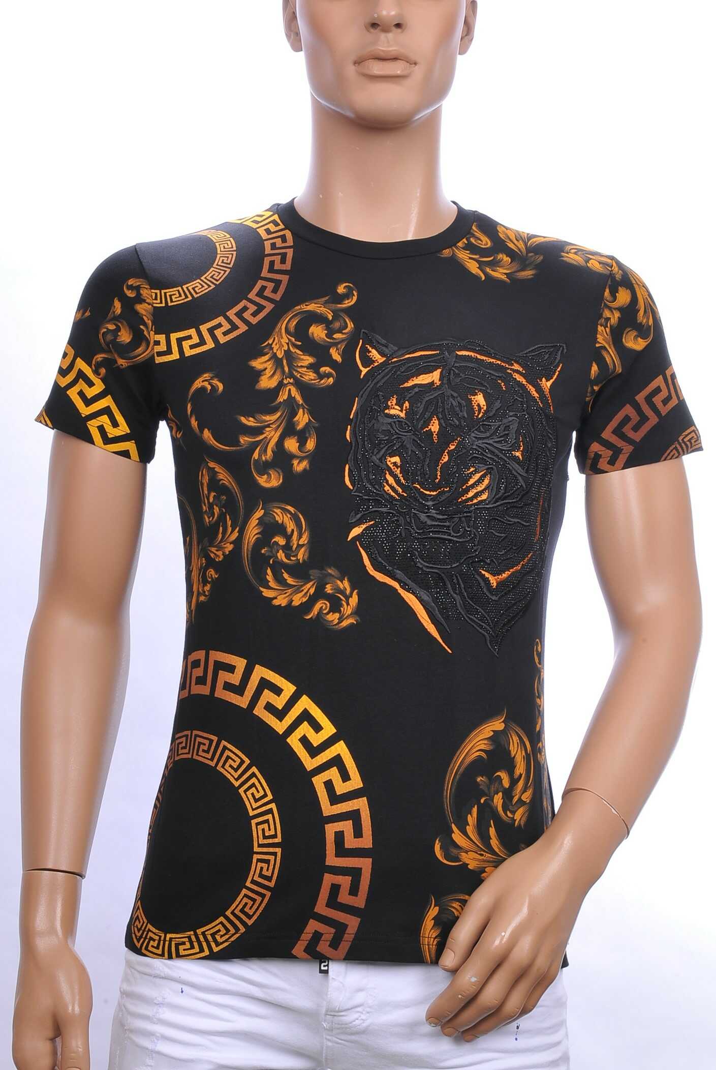 Ci-Borg ronde hals T-shirt met geborduurde tijgerkop met steentjes Zwart