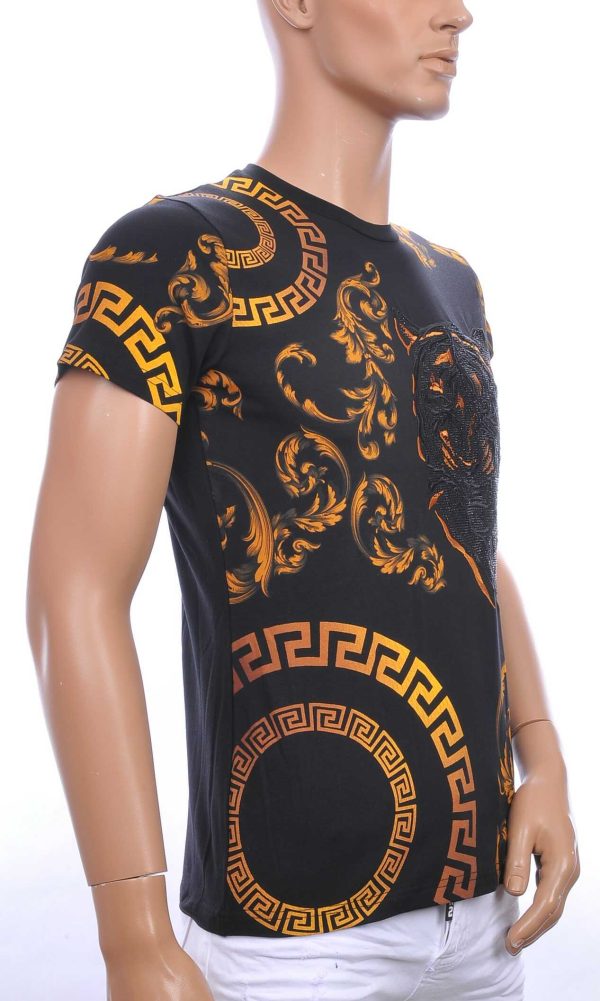 Ci-Borg ronde hals T-shirt met geborduurde tijgerkop met steentjes Zwart