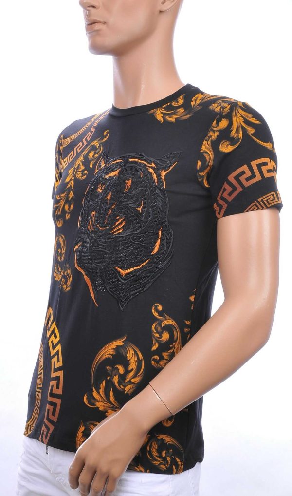 Ci-Borg ronde hals T-shirt met geborduurde tijgerkop met steentjes Zwart