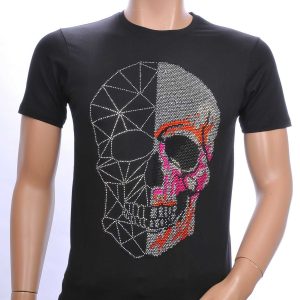 FRANCO RENZO trendy ronde hals heren skull T-shirt met steentjes Zwart