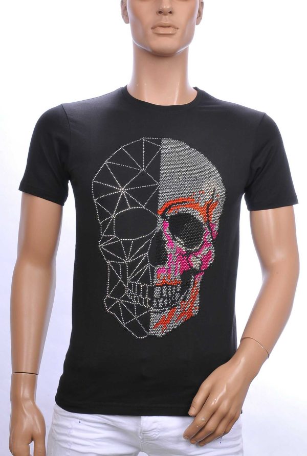 FRANCO RENZO trendy ronde hals heren skull T-shirt met steentjes Zwart