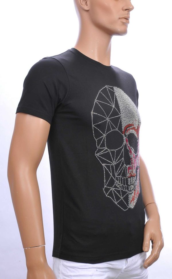 FRANCO RENZO trendy ronde hals heren skull T-shirt met steentjes Zwart