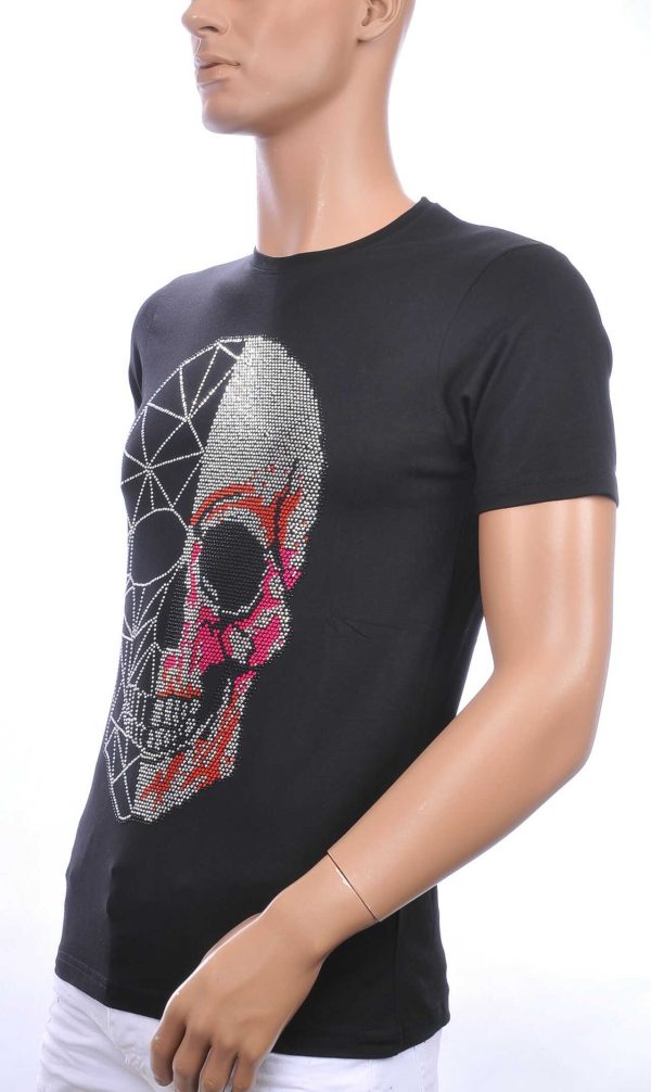 FRANCO RENZO trendy ronde hals heren skull T-shirt met steentjes Zwart