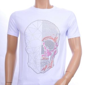 FRANCO RENZO trendy ronde hals heren skull T-shirt met steentjes Wit