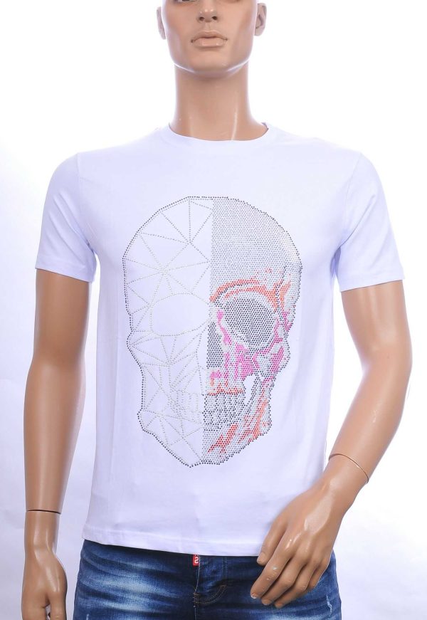 FRANCO RENZO trendy ronde hals heren skull T-shirt met steentjes Wit