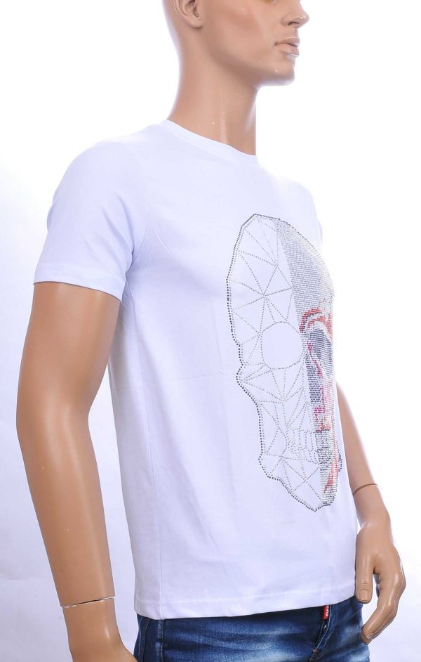 FRANCO RENZO trendy ronde hals heren skull T-shirt met steentjes Wit