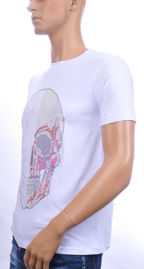 FRANCO RENZO trendy ronde hals heren skull T-shirt met steentjes Wit