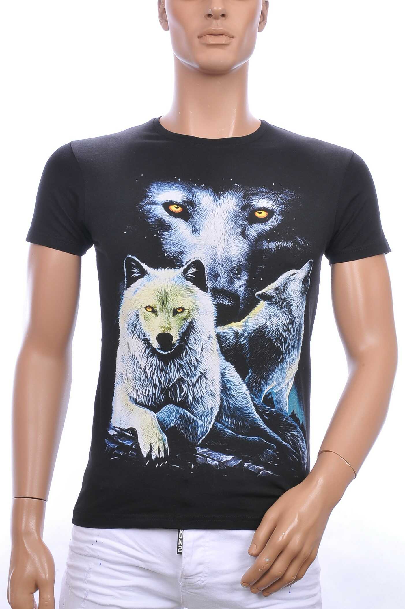 FRANCO RENZO trendy ronde hals heren T-shirt met grijze wolf print Zwart