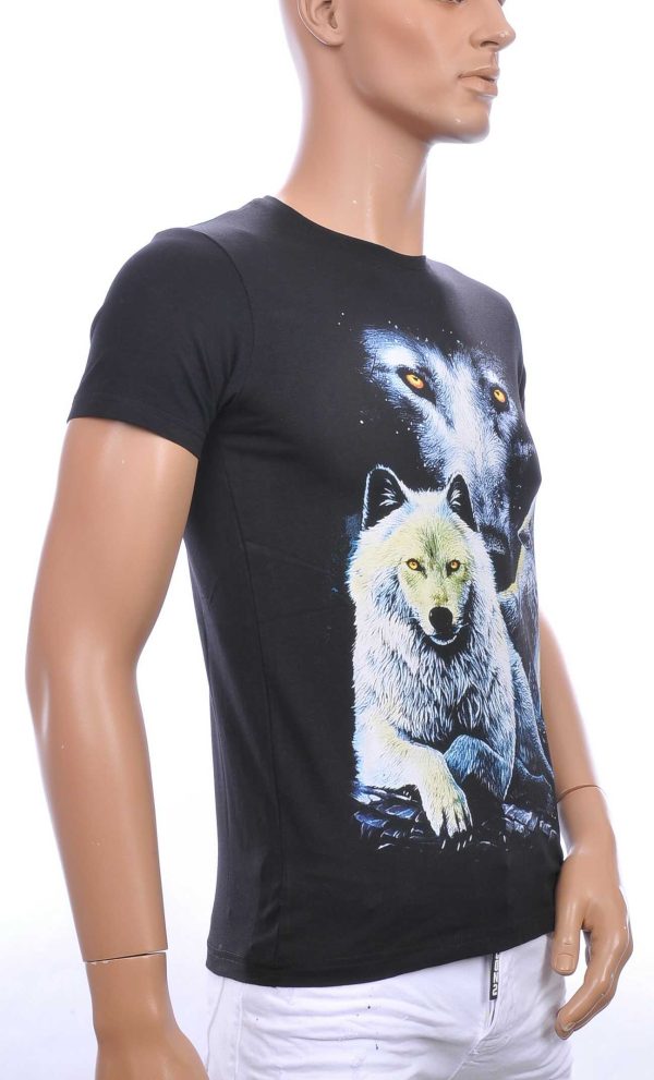 FRANCO RENZO trendy ronde hals heren T-shirt met grijze wolf print Zwart