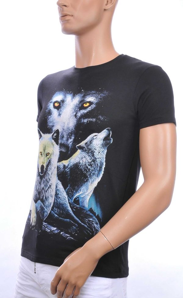 FRANCO RENZO trendy ronde hals heren T-shirt met grijze wolf print Zwart