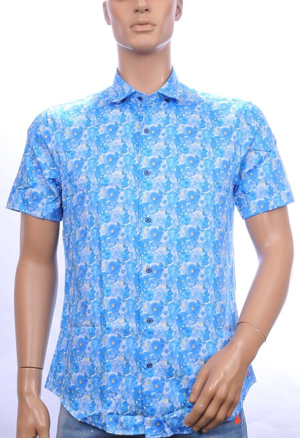 BERZO modern fit allover bloemen dessin heren overhemd met korte mouwen Blauw