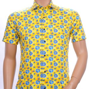 BERZO modern fit allover bloemen dessin heren overhemd met korte mouwen Geel