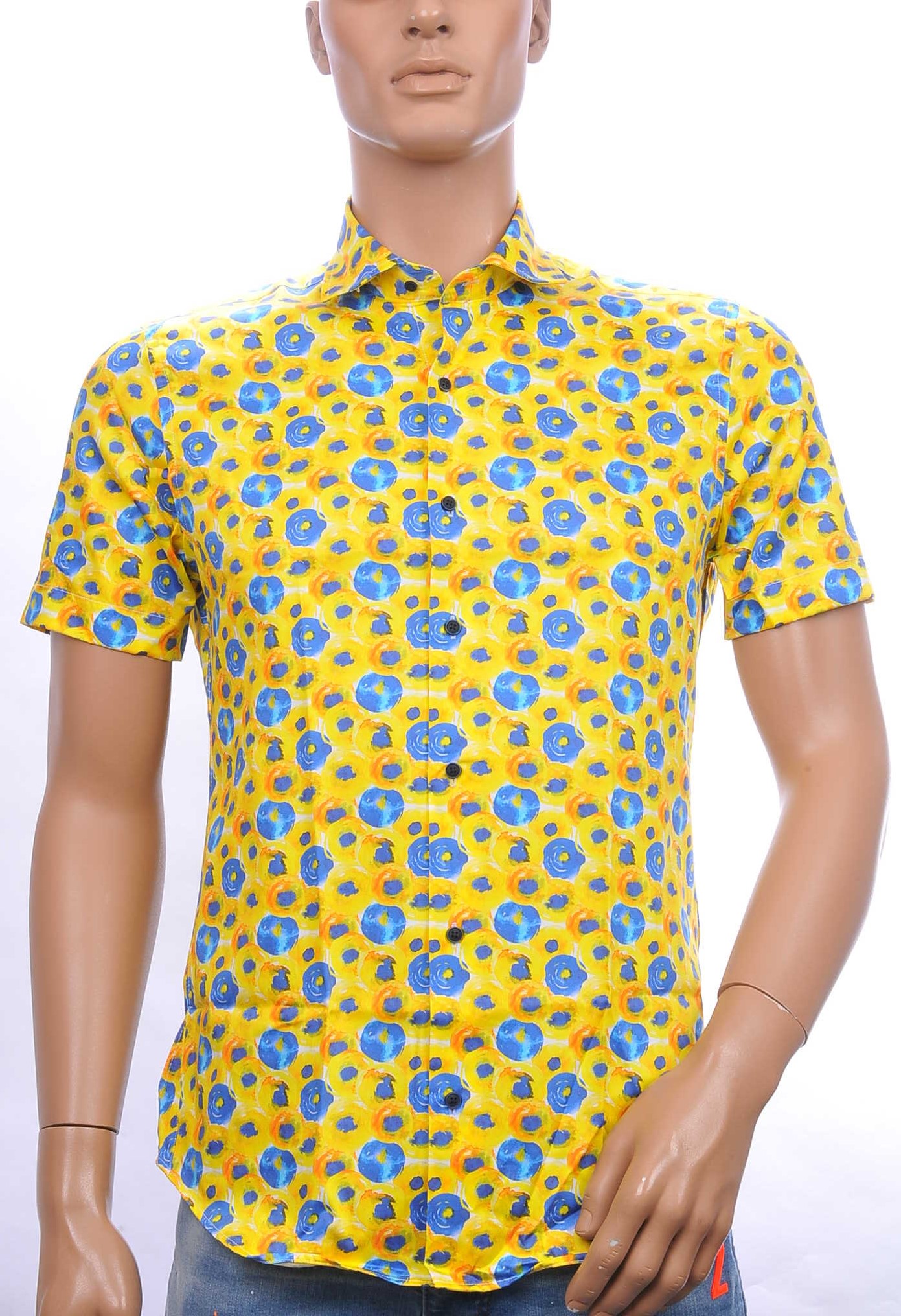 BERZO modern fit allover bloemen dessin heren overhemd met korte mouwen Geel