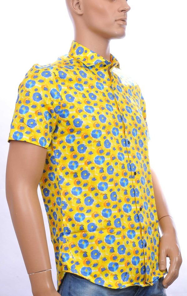 BERZO modern fit allover bloemen dessin heren overhemd met korte mouwen Geel