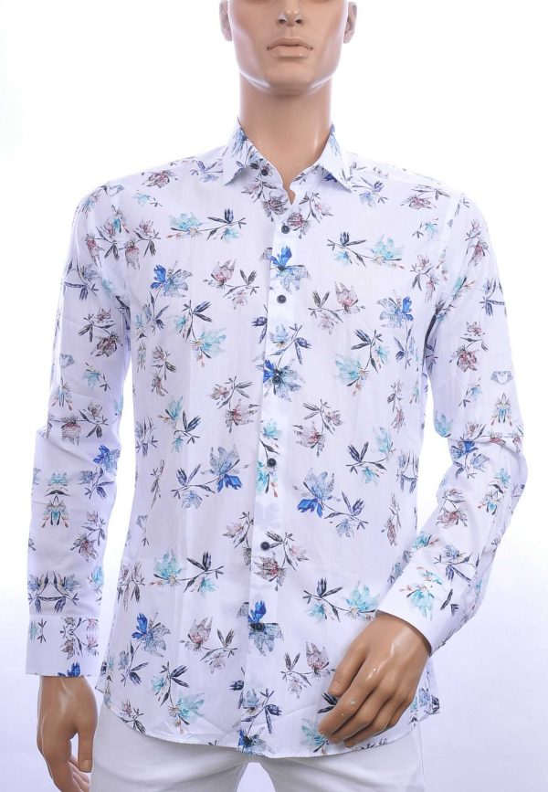 BERZO trendy allover bloemen dessin modern fit heren overhemd Wit