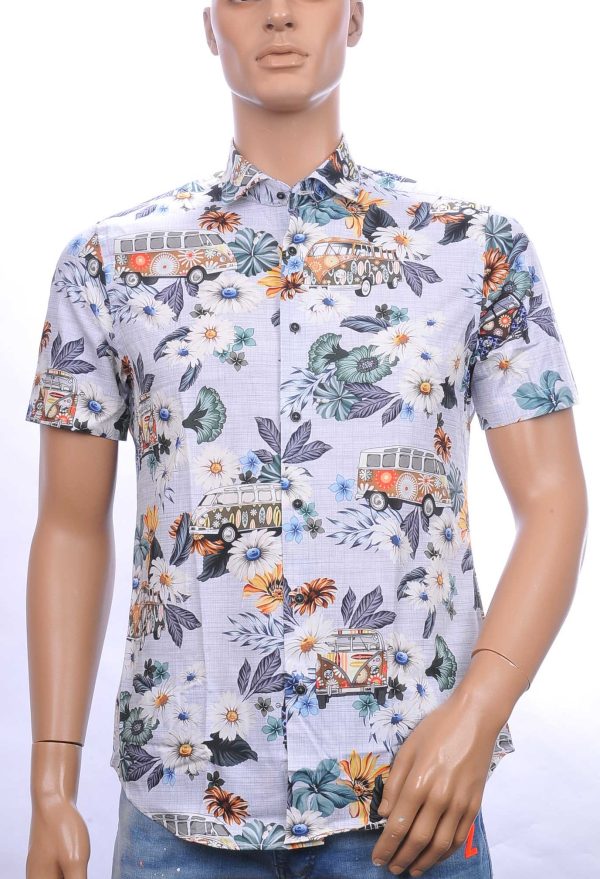 BERZO trendy modern fit allover bloemen dessin heren korte mouwen overhemd Blauw