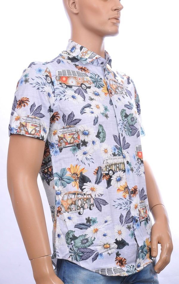 BERZO trendy modern fit allover bloemen dessin heren korte mouwen overhemd Blauw