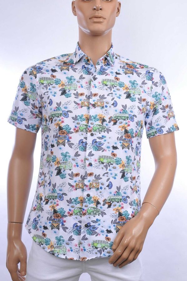 BERZO trendy modern fit allover bloemen dessin heren korte mouwen overhemd Wit