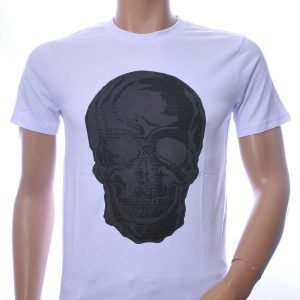 By Bugotti ronde hals heren skull T-shirt met steentjes Wit