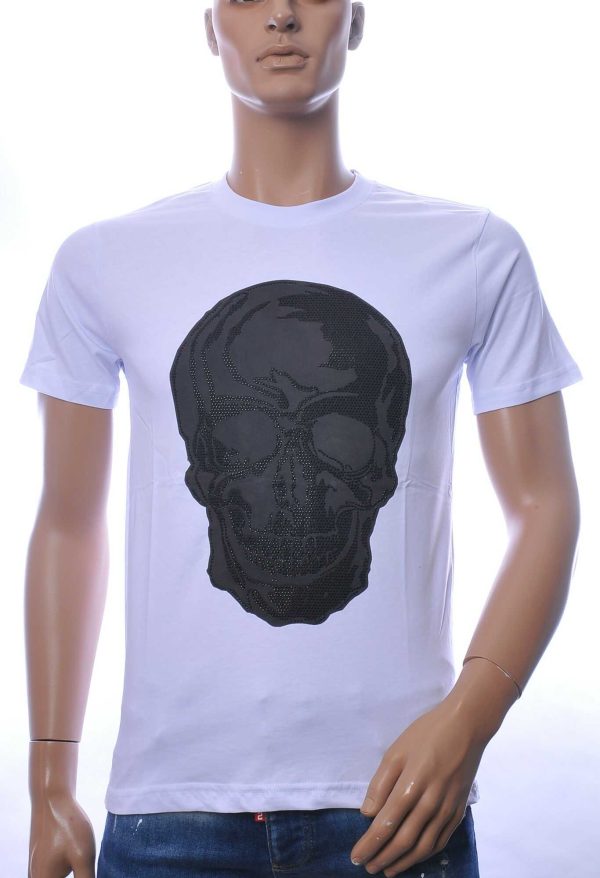 By Bugotti ronde hals heren skull T-shirt met steentjes Wit