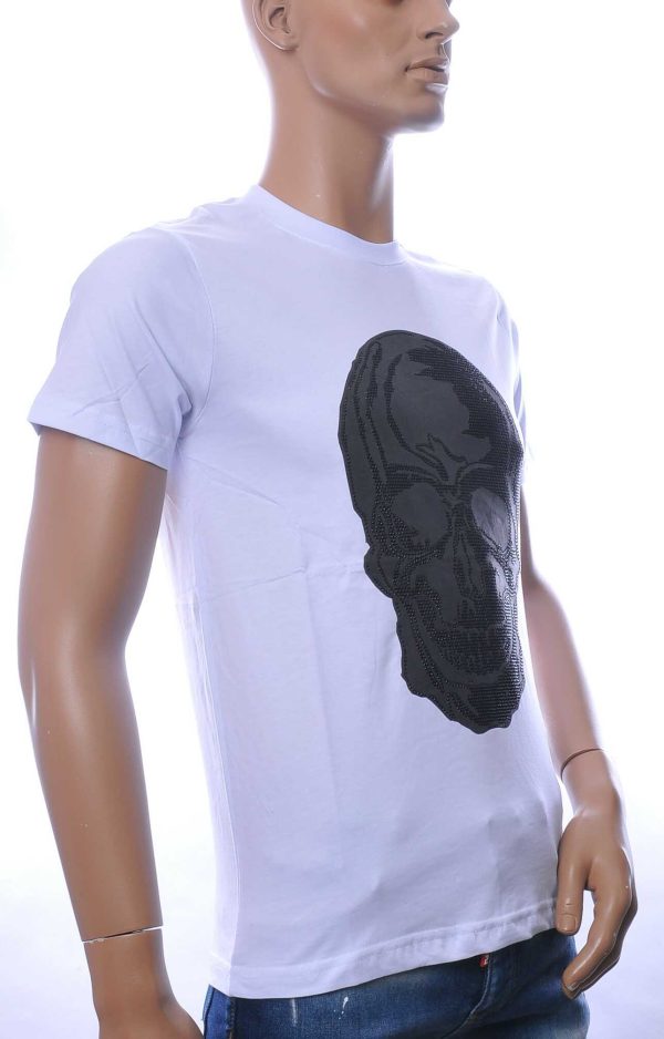 By Bugotti ronde hals heren skull T-shirt met steentjes Wit