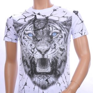 By Bugotti trendy allover tijgerkop print ronde hals heren T-Shirt met steentjes Wit