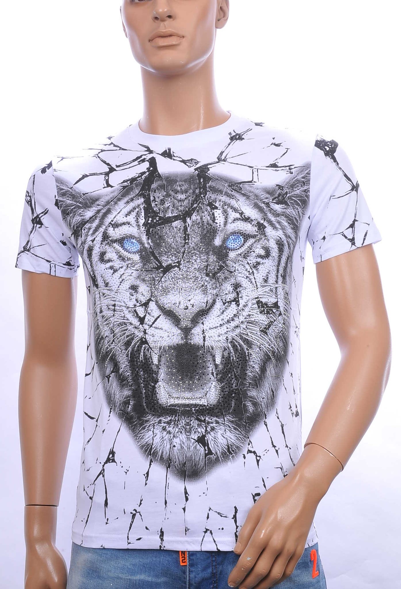 By Bugotti trendy allover tijgerkop print ronde hals heren T-Shirt met steentjes Wit