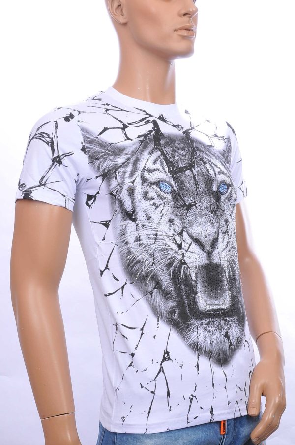 By Bugotti trendy allover tijgerkop print ronde hals heren T-Shirt met steentjes Wit