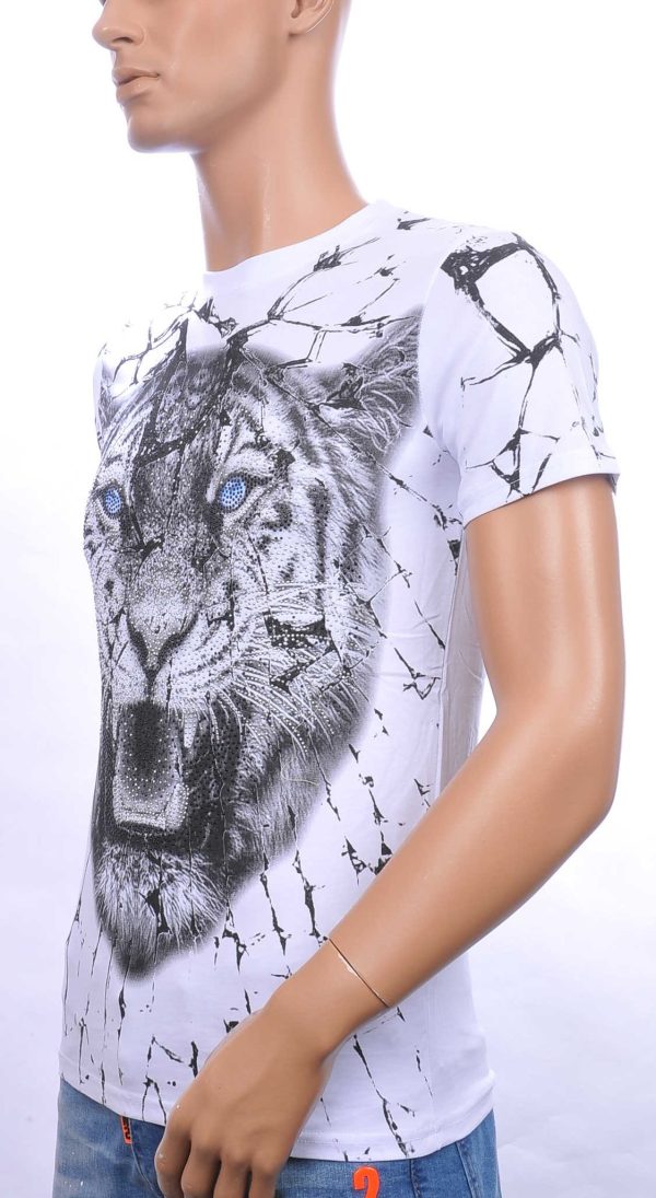 By Bugotti trendy allover tijgerkop print ronde hals heren T-Shirt met steentjes Wit