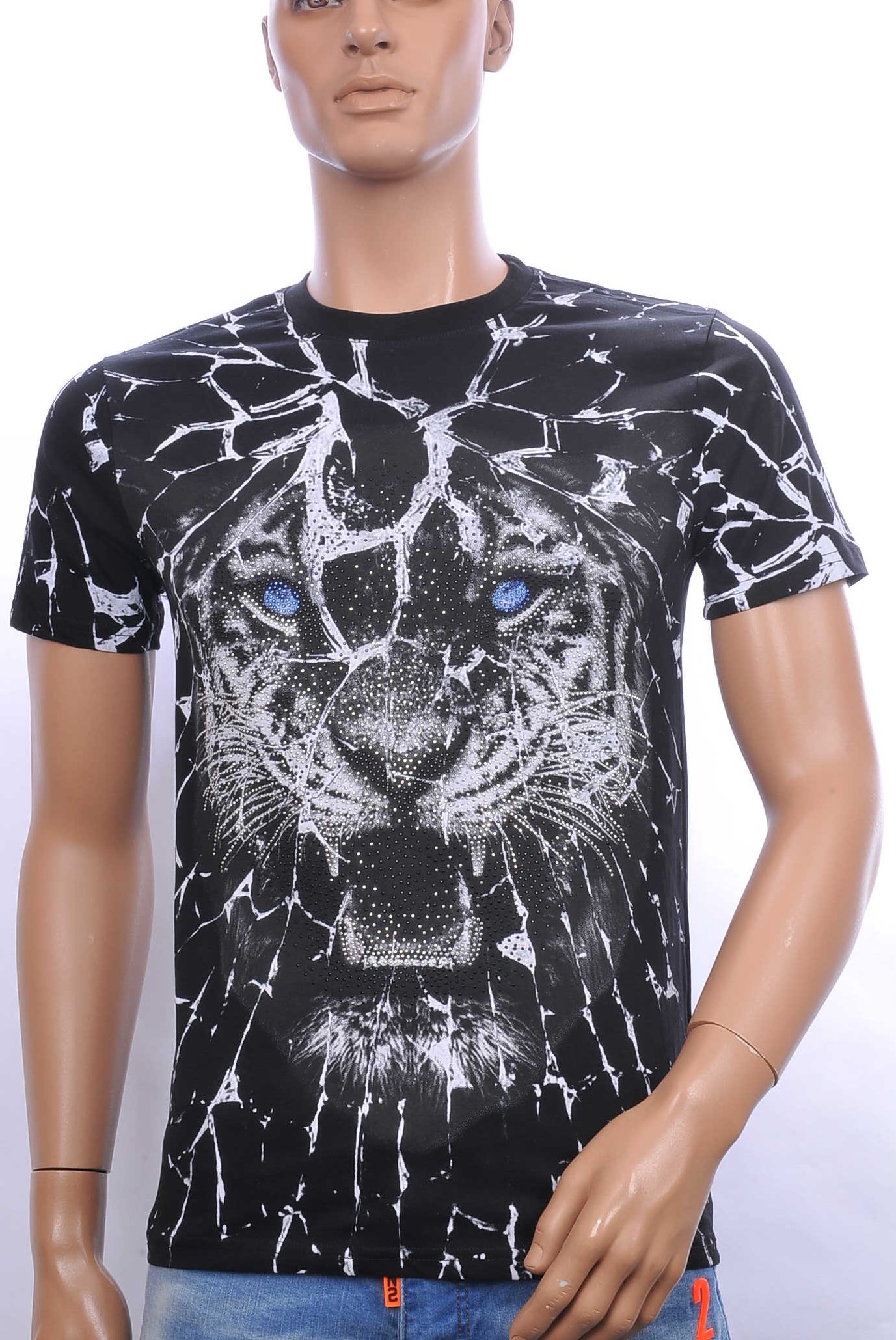 By Bugotti trendy allover tijgerkop print ronde hals heren T-Shirt met steentjes Zwart