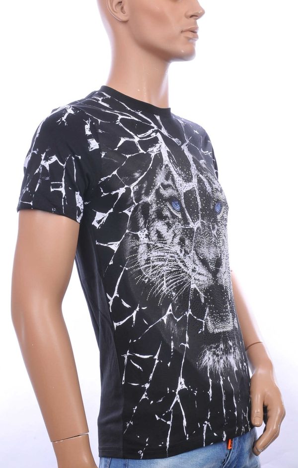 By Bugotti trendy allover tijgerkop print ronde hals heren T-Shirt met steentjes Zwart