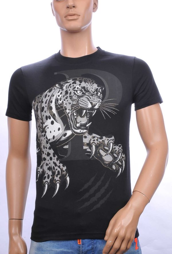 By Bugotti trendy tijger print ronde hals heren T-Shirt met steentjes Zwart