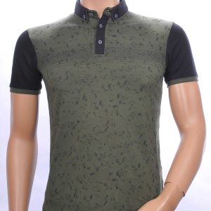 CLUB JU allover bladeren dessin heren Polo T-Shirt met button down kraag Khaki