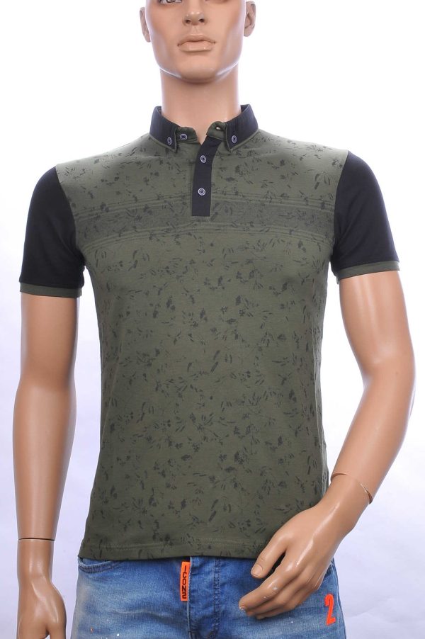 CLUB JU allover bladeren dessin heren Polo T-Shirt met button down kraag Khaki