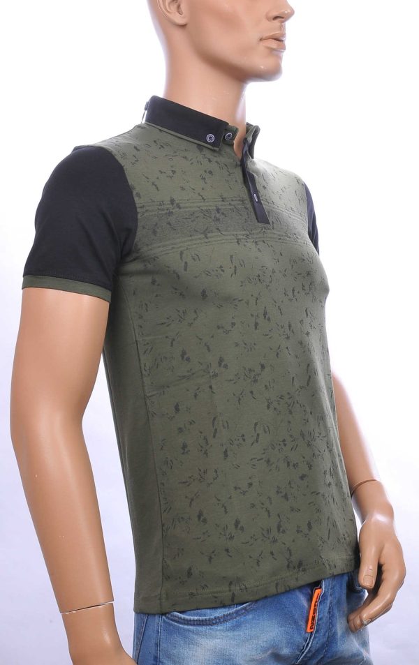 CLUB JU allover bladeren dessin heren Polo T-Shirt met button down kraag Khaki