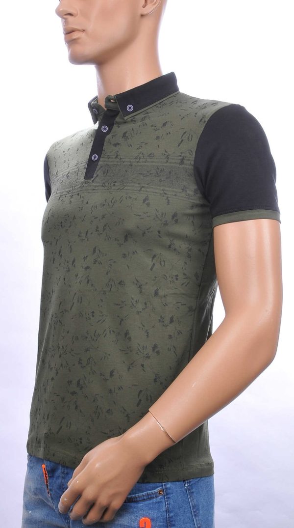 CLUB JU allover bladeren dessin heren Polo T-Shirt met button down kraag Khaki