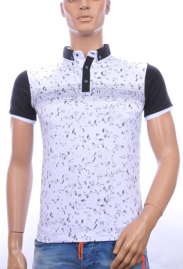 CLUB JU allover bladeren dessin heren Polo T-Shirt met button down kraag Wit