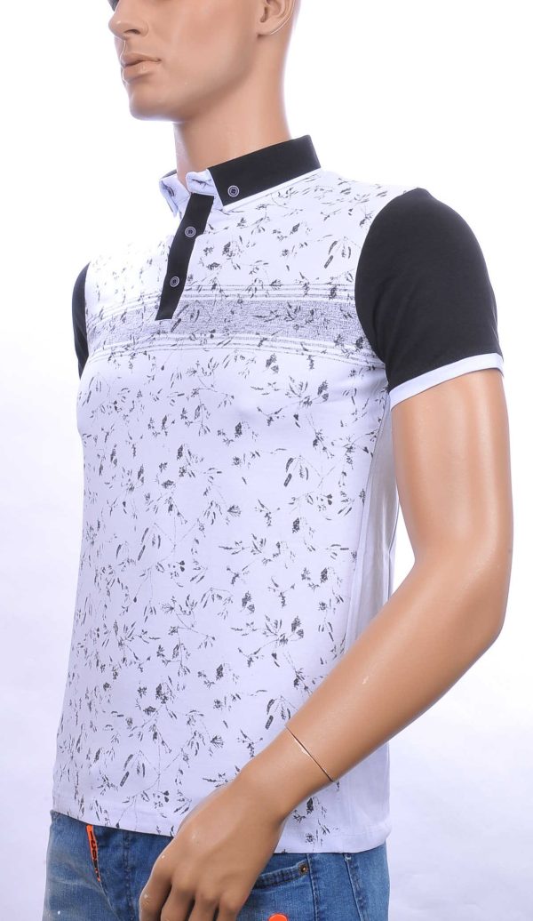CLUB JU allover bladeren dessin heren Polo T-Shirt met button down kraag Wit