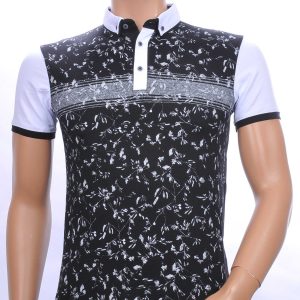 CLUB JU allover bladeren dessin heren Polo T-Shirt met button down kraag Zwart
