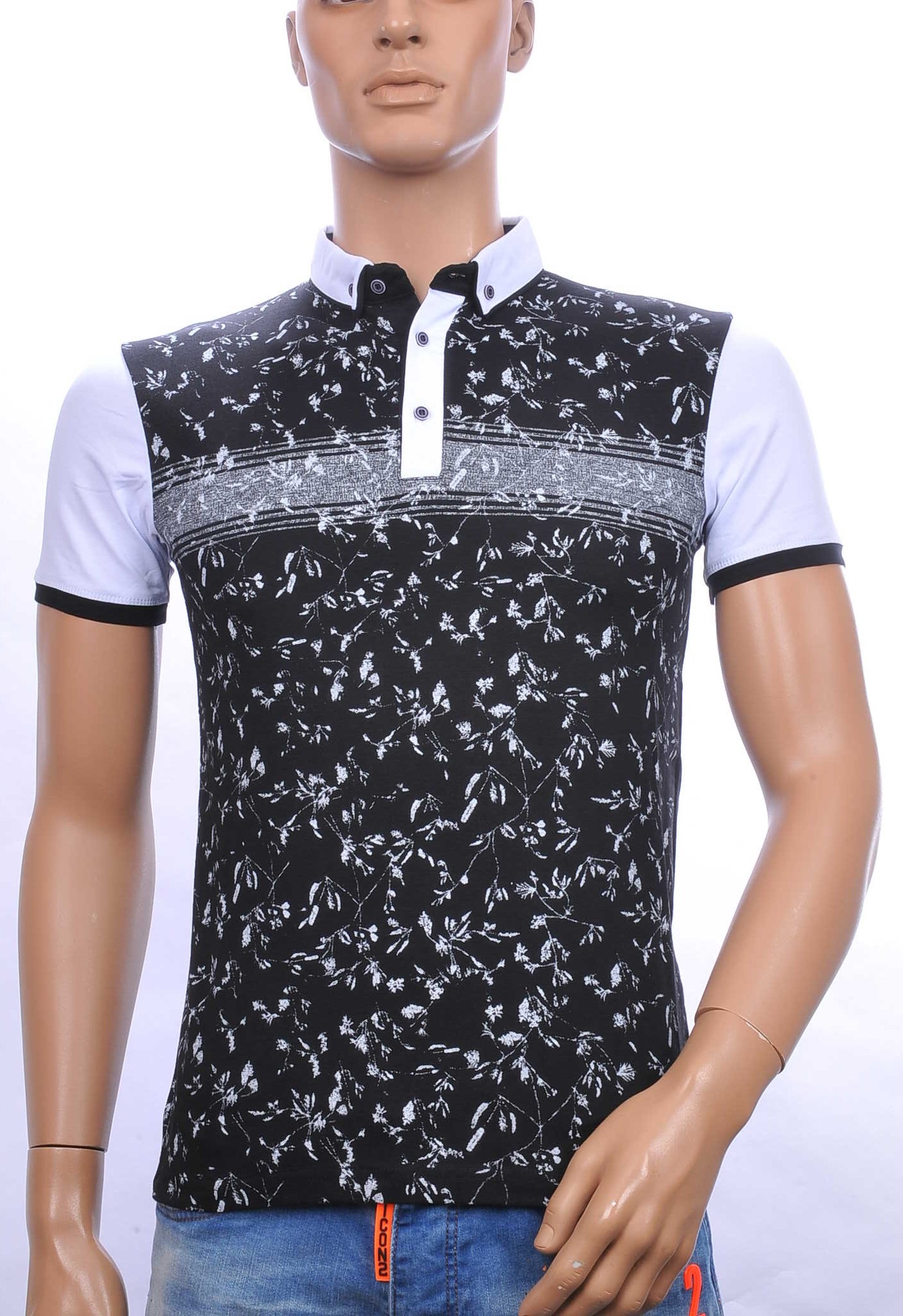 CLUB JU allover bladeren dessin heren Polo T-Shirt met button down kraag Zwart