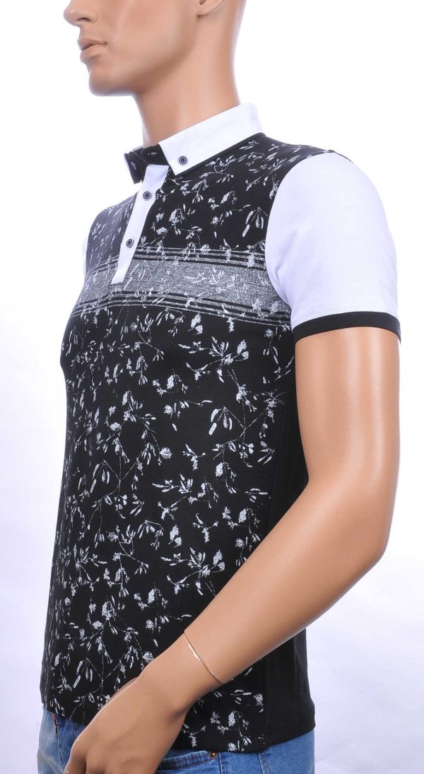CLUB JU allover bladeren dessin heren Polo T-Shirt met button down kraag Zwart