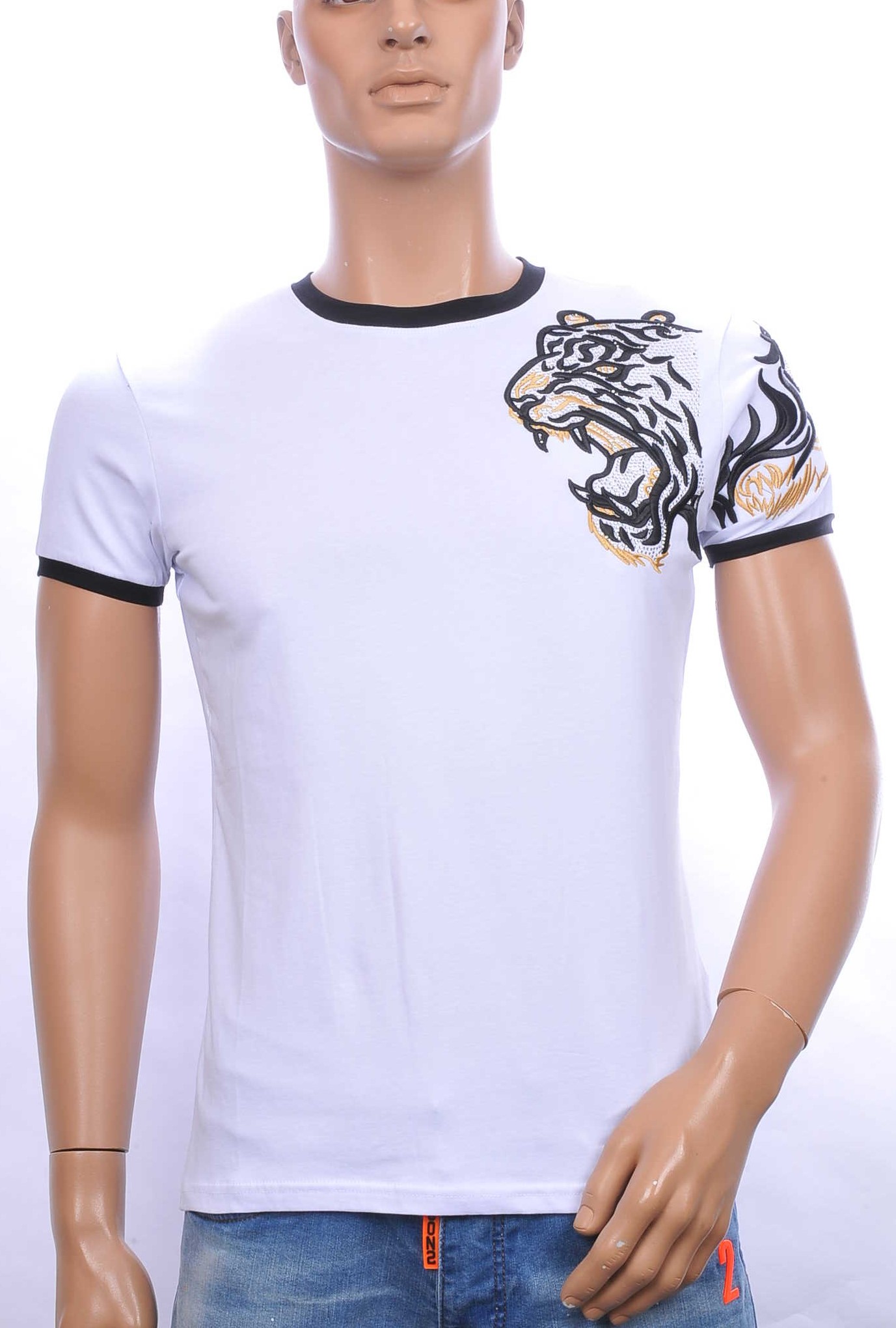 Ci-Borg trendy heren T-shirt met geborduurde tijgerkop Wit