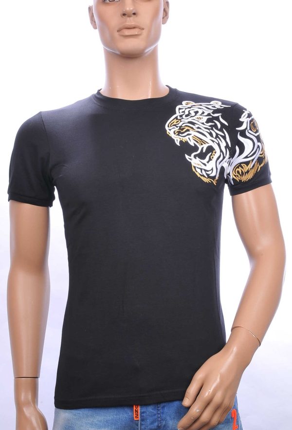 Ci-Borg trendy heren T-shirt met geborduurde tijgerkop Zwart