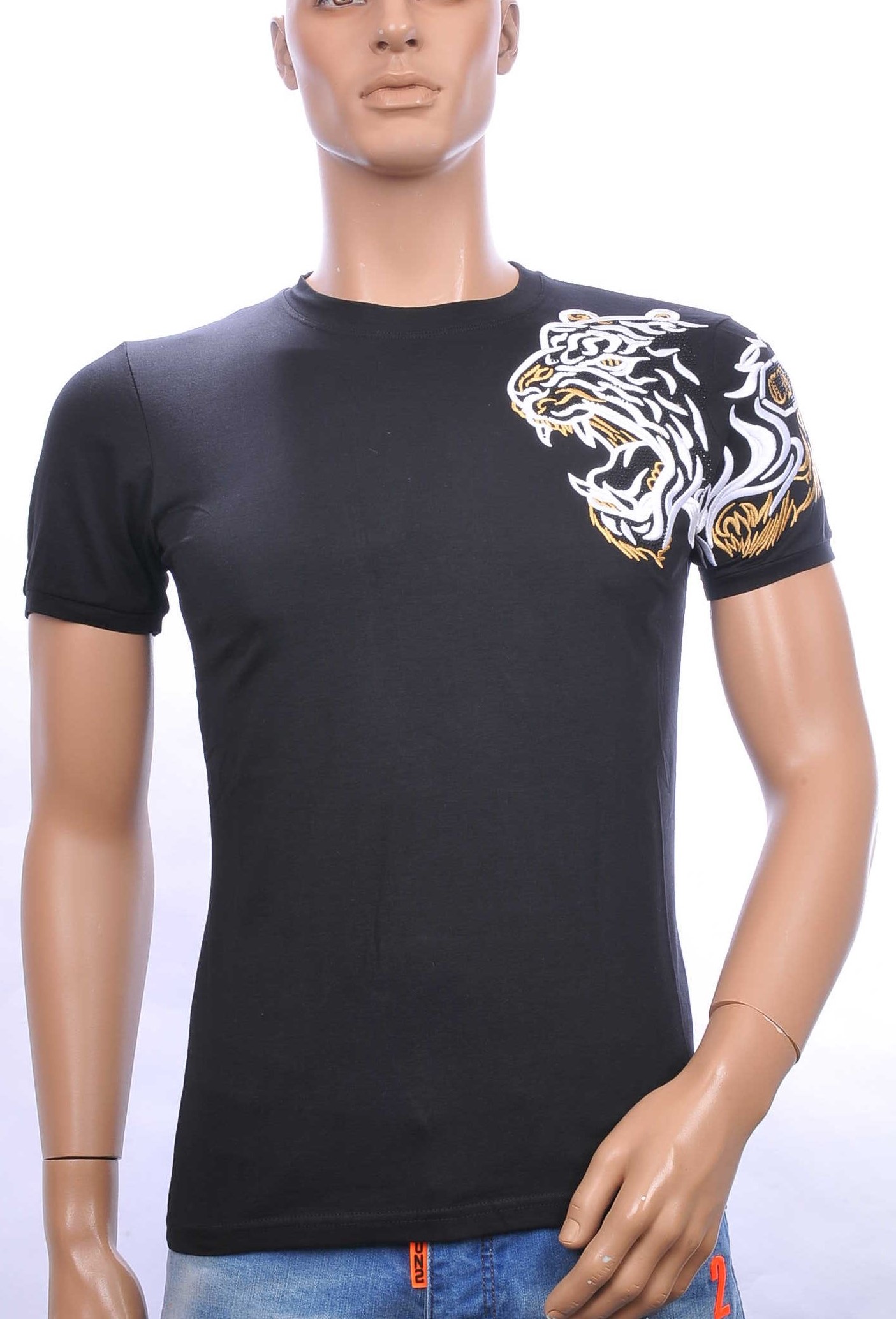 Ci-Borg trendy heren T-shirt met geborduurde tijgerkop Zwart